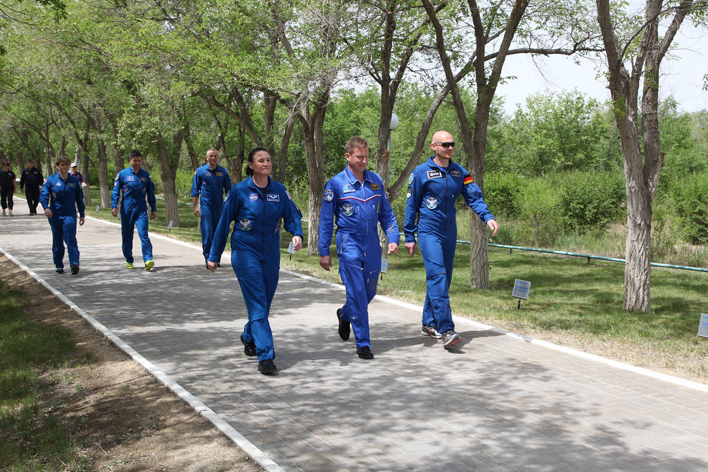 Expedition 56 crew members take a stroll down the Walk of Cosmonauts